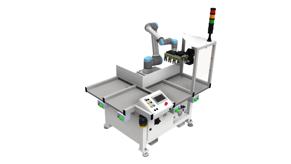 Robot Collaborativo UR10e in applicazione scarico trancia di formatura cartoni, soluzione su misura di Cob-Solution